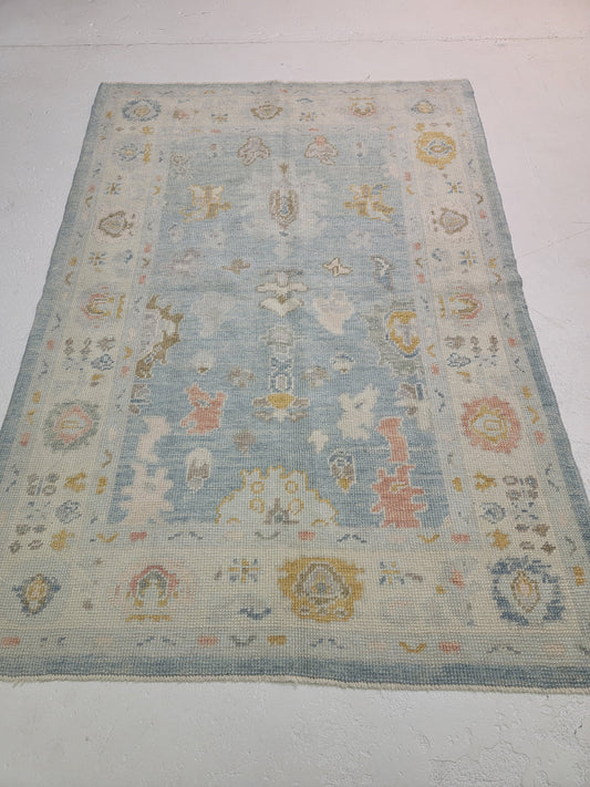 Hand-Knotted Wool Area Rug Turkish Oushak 4'2" x 6'