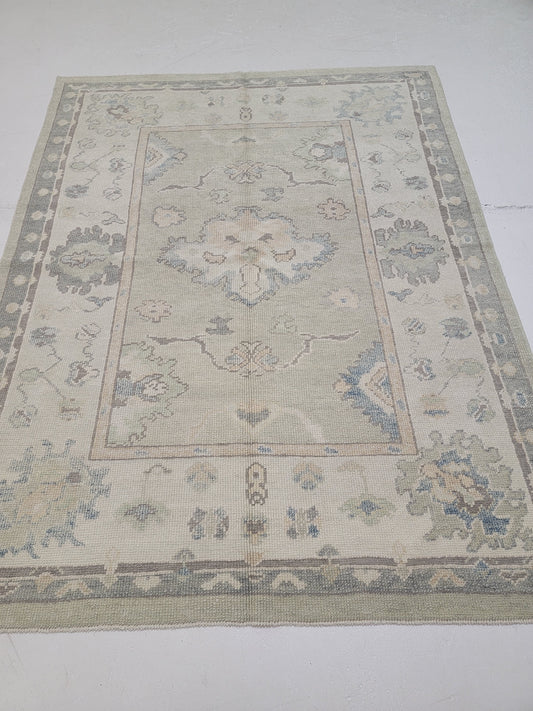 Hand-Knotted Wool Area Rug Turkish Oushak 4'11" x 6'6"