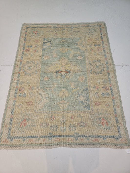 Hand-Knotted Wool Area Rug Turkish Oushak 4'1" x 5'4"