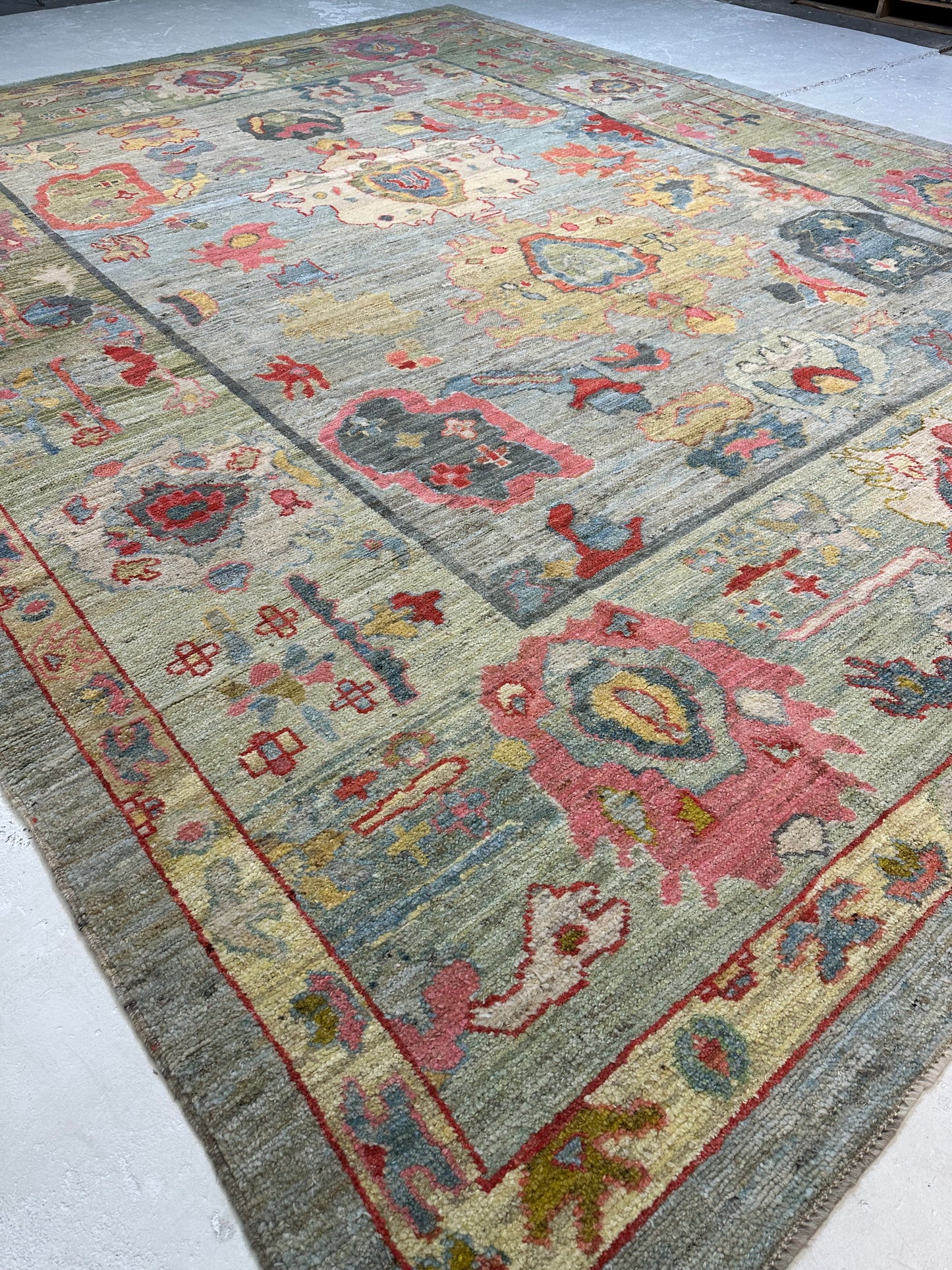 Hand-Knotted Wool Rug Turkish Oushak 11'1" x 14'2"