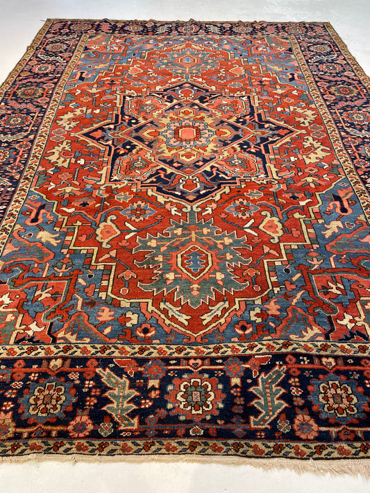 Antique Hand-Knotted Wool Area Rug Serapi 8'7" x 11'10"