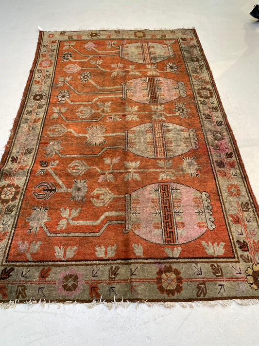 Antique Hand-Knotted Wool Area Rug Khotan Samarkand Collectible 5'1" x 8'3"