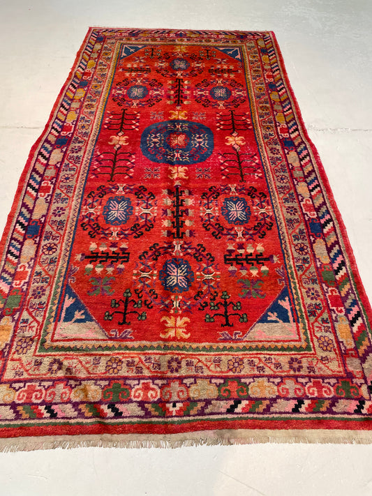 Antique Hand-Knotted Wool Area Rug Khotan Samarkand Collectible 4'4" x 9'5"