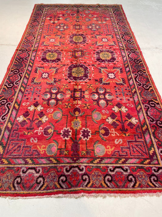 Antique Hand-Knotted Wool Gallery Size Khotan Samarkand Collectible 5'1" x 10'6"