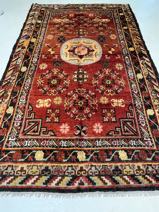 Antique Hand-Knotted Wool Gallery Size Khotan Samarkand Collectible 4'10" x 8'7"