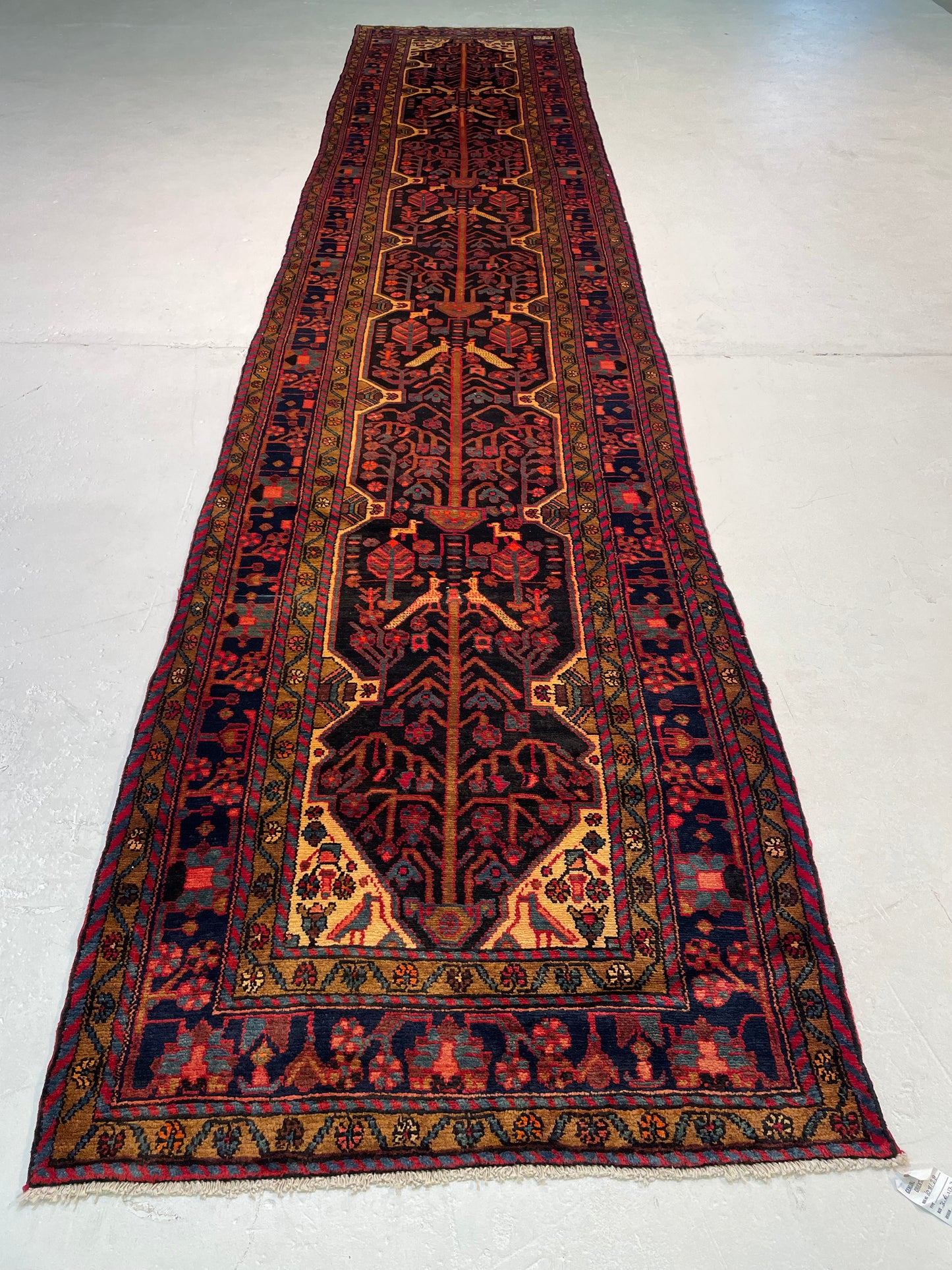 Antique Hand-Knotted Wool Gallery Size Nahavand Red/Black/Blue 3'6" x 17'3"