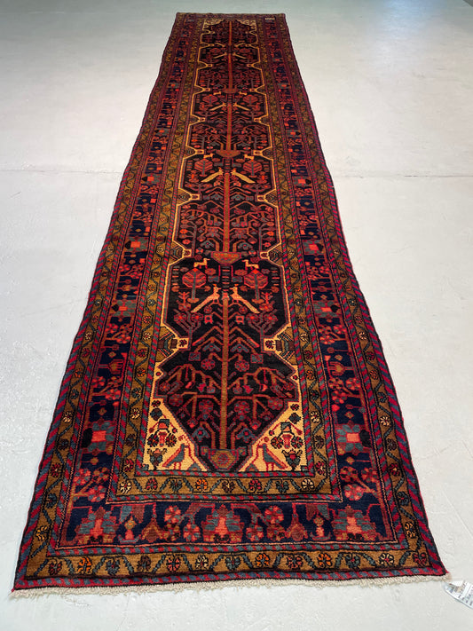Antique Hand-Knotted Wool Gallery Size Nahavand Red/Black/Blue 3'6" x 17'3"