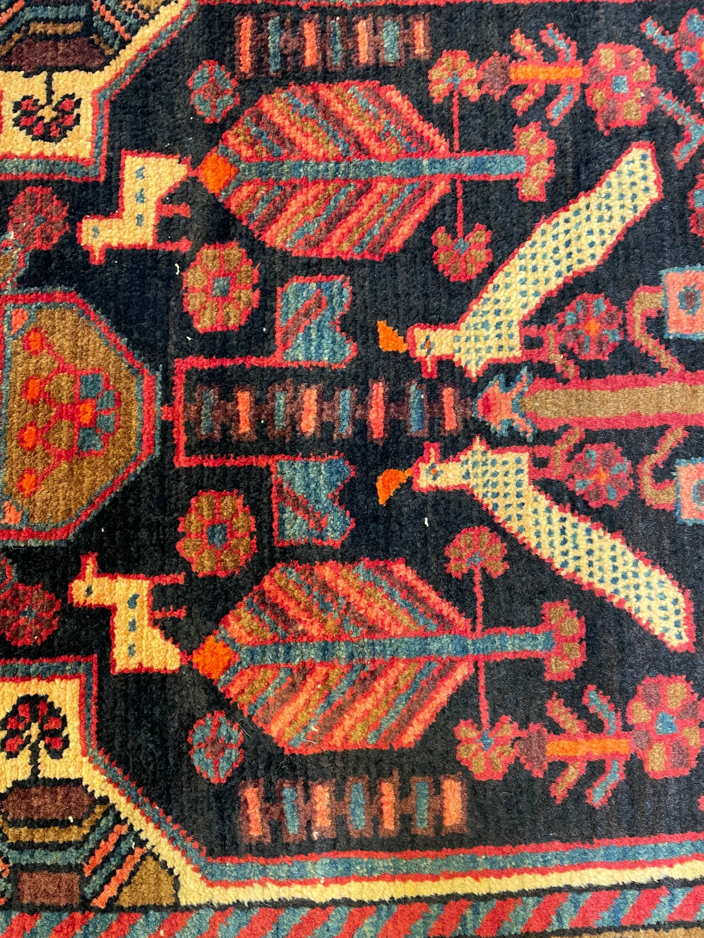 Antique Hand-Knotted Wool Gallery Size Nahavand Red/Black/Blue 3'6" x 17'3"