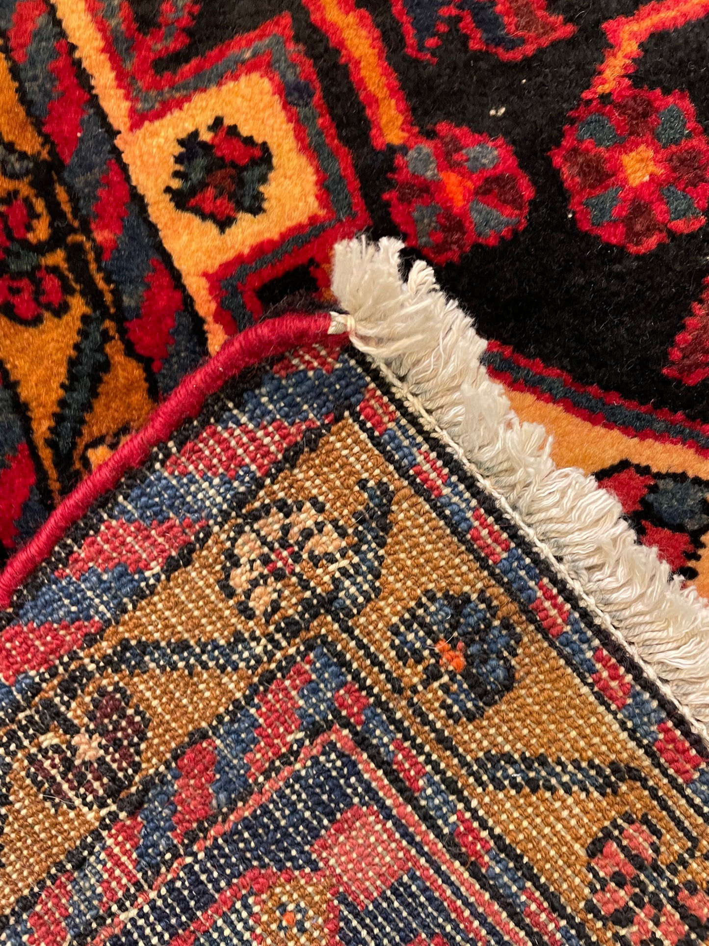 Antique Hand-Knotted Wool Gallery Size Nahavand Red/Black/Blue 3'6" x 17'3"