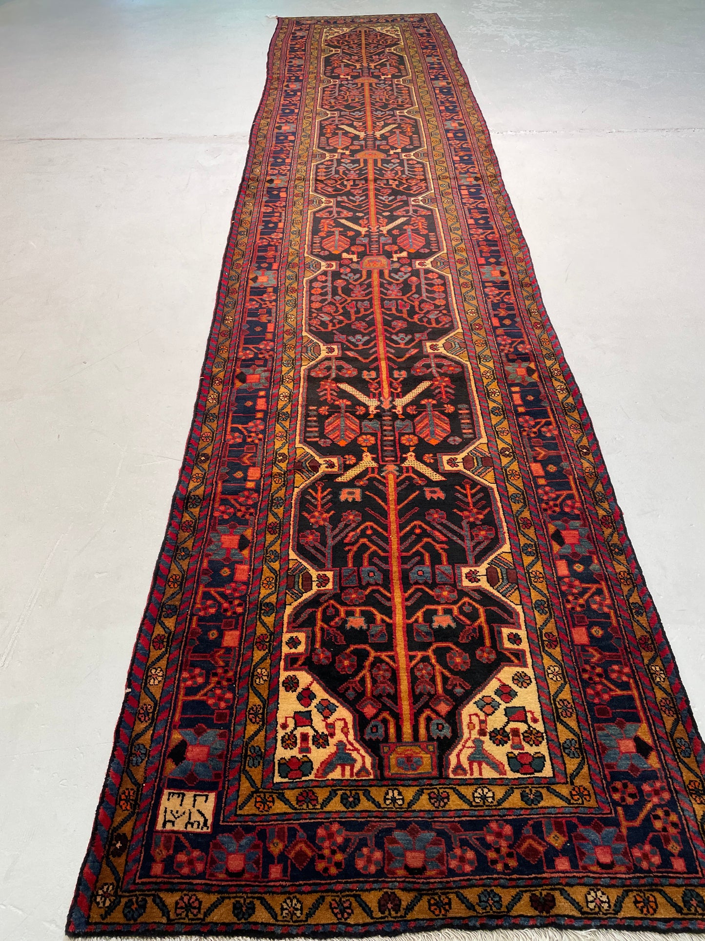 Antique Hand-Knotted Wool Gallery Size Nahavand Red/Black/Blue 3'6" x 17'3"