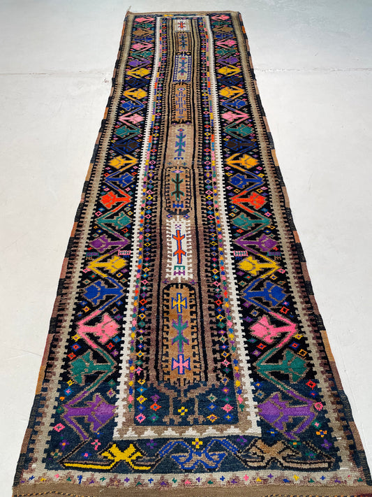 Hand-Knotted Wool Runner Turkish Oushak 3'5" x 12'