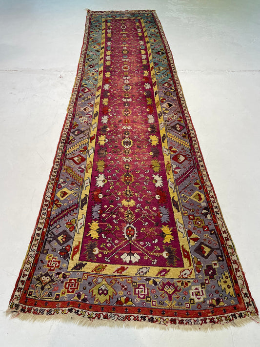 Hand-Knotted Wool Runner Turkish Oushak 3'3" x 13'2"