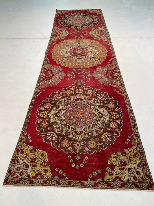 Hand-Knotted Wool Runner Turkish Oushak Colorful 3'5" x 12'4"