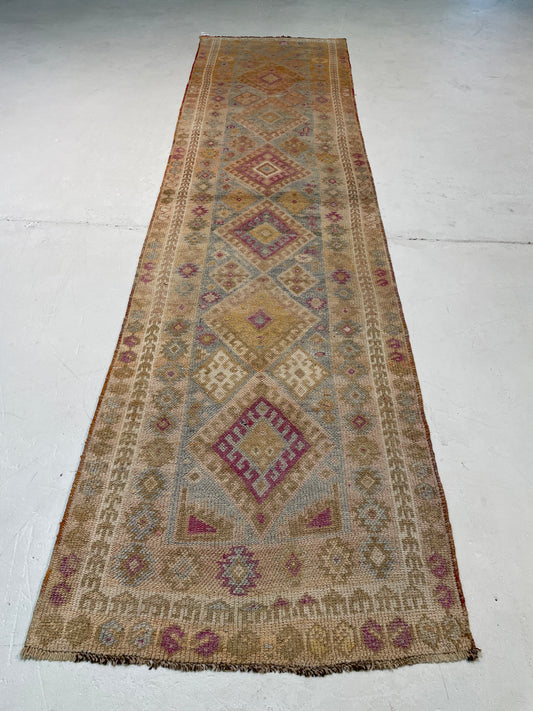 Hand-Knotted Wool Runner Turkish Oushak  3'2" x 12'3"
