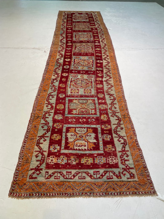 Hand-Knotted Wool Runner Turkish Oushak 3'8" x 14'10"