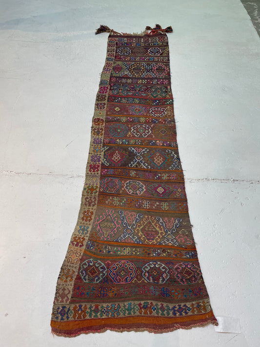 Hand-Knotted Wool Runner Turkish Oushak 2' x 8'