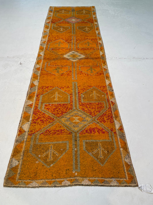 Hand-Knotted Wool Runner Turkish Oushak 3'2" x 10'5"