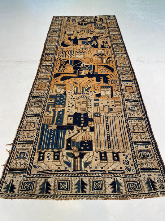 Hand-Knotted Wool Runner Turkish Oushak 3'10" x 10'1"