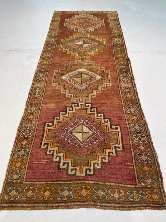 Hand-Knotted Wool Runner Turkish Oushak 3'9" x 10'3"
