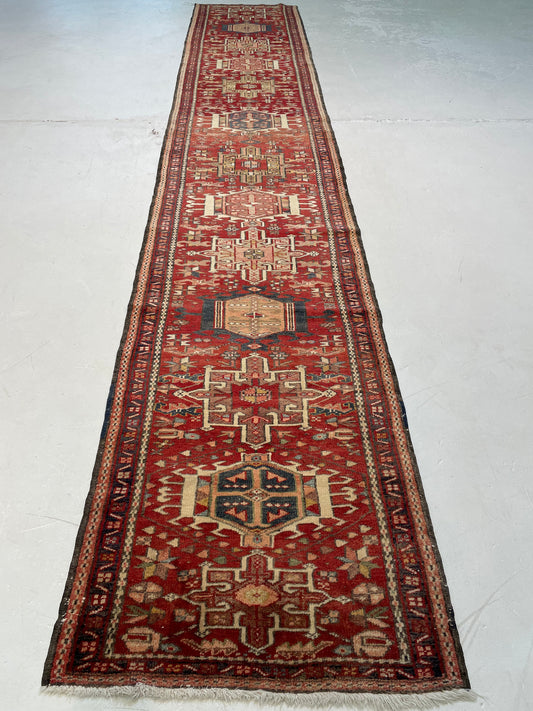 Antique Hand-Knotted Wool Runner Heriz Karajeh 2'9" x 14'10"