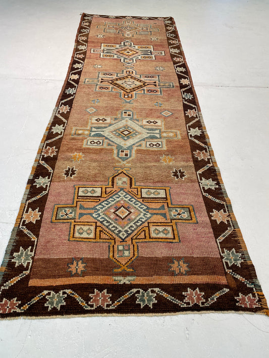 Hand-Knotted Wool Runner Turkish Oushak 3'5" x 12'