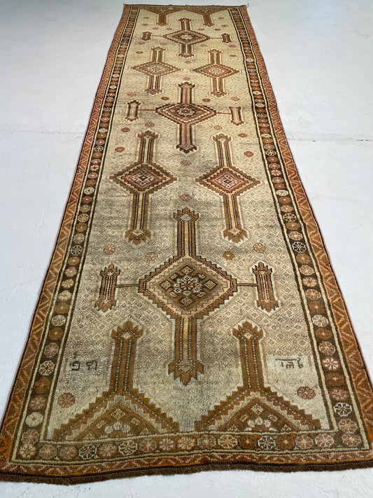 Hand-Knotted Wool Runner Turkish Oushak 3'7" x 12'1"