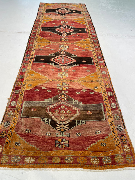 Hand-Knotted Wool Runner Turkish Oushak 3'9" x 12'2"