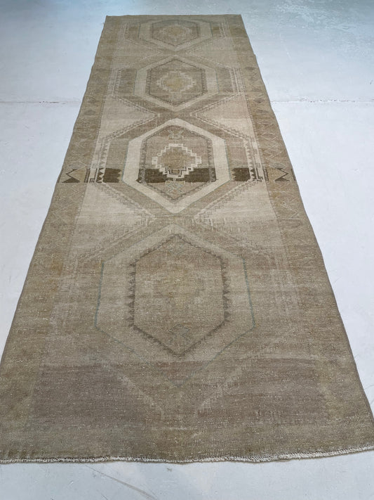 Hand-Knotted Wool Runner Turkish Oushak 3'10" x 11'4"