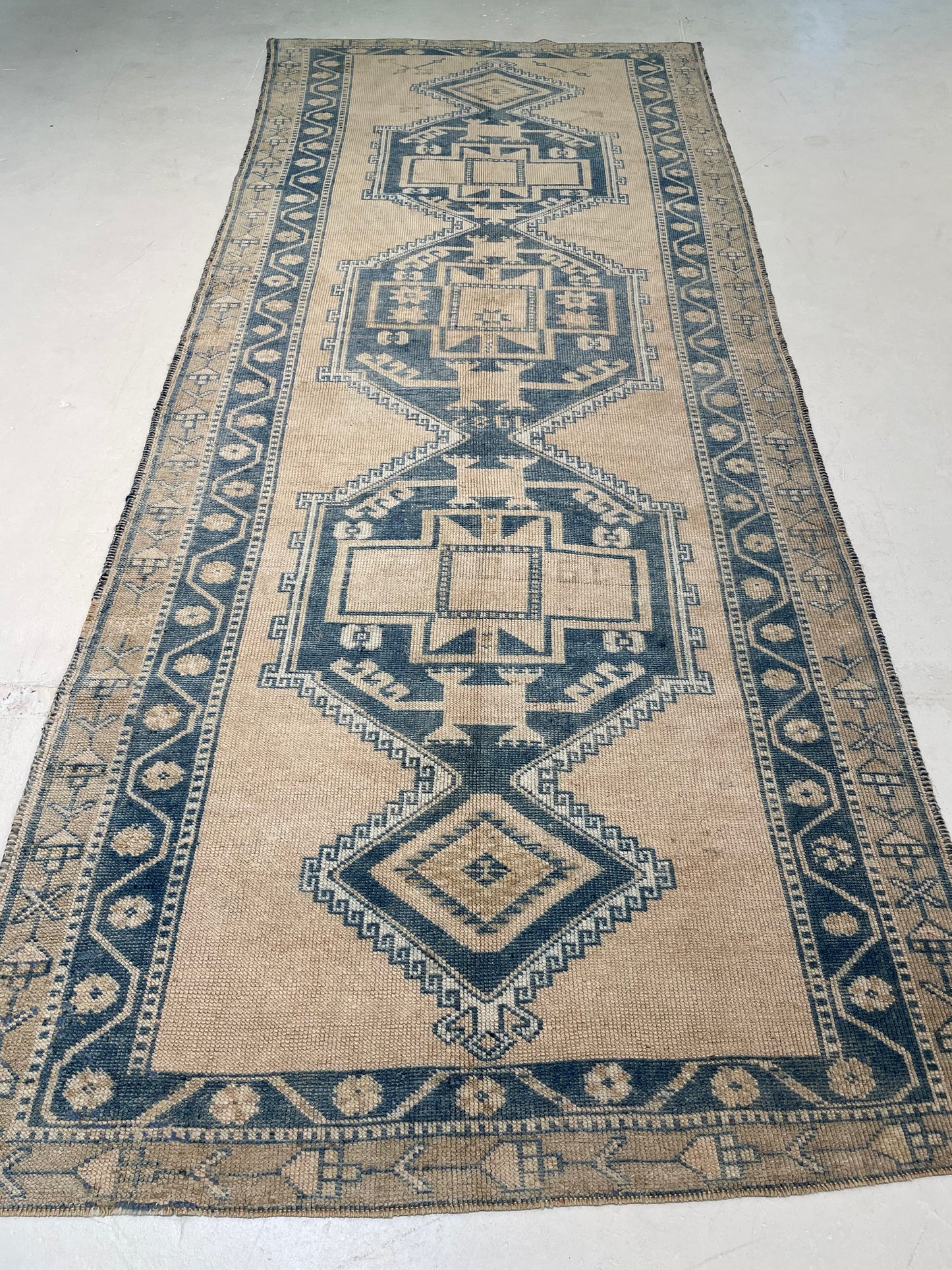 Hand-Knotted Wool Runner Turkish Oushak 4'2" x 10'6"