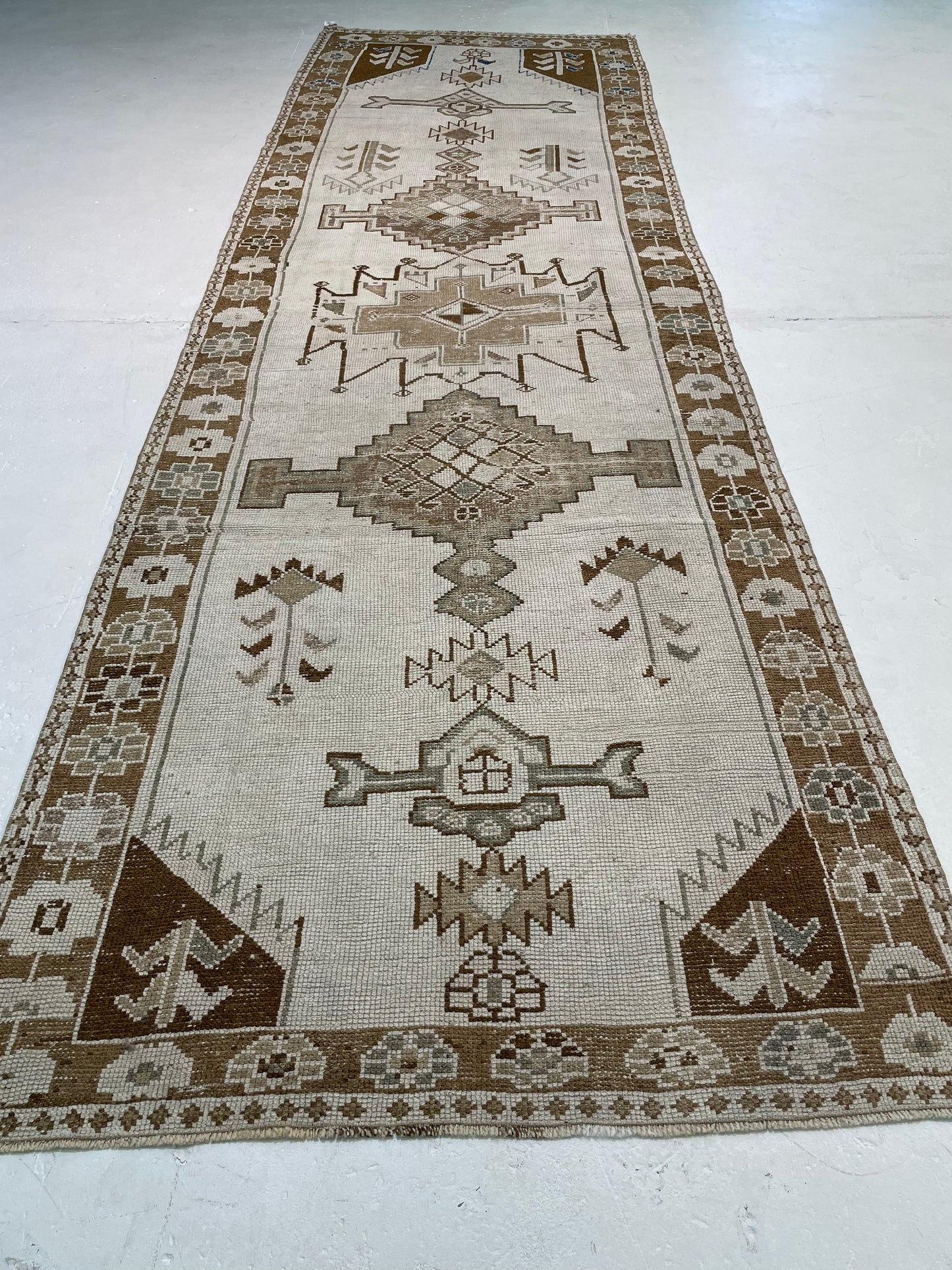 Hand-Knotted Wool Runner Turkish Oushak 4'5" x 14'7"