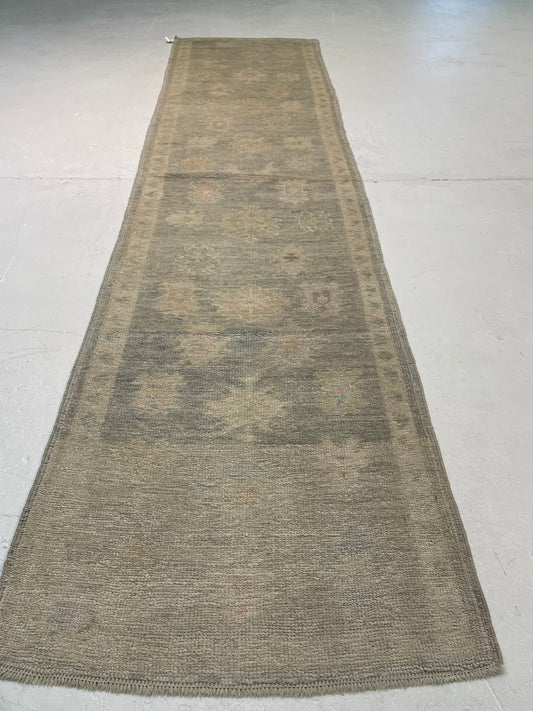 Hand-Knotted Wool Runner Turkish Oushak 3'1" x 12'5"