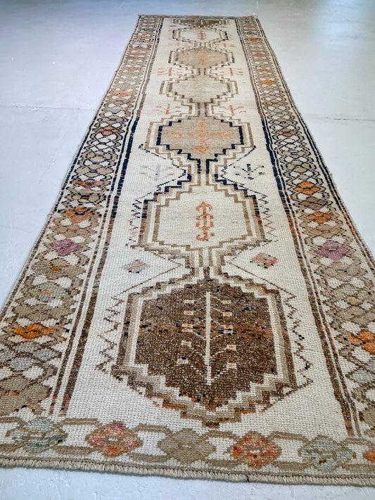 Hand-Knotted Wool Runner Turkish Oushak 3'5" x 12'