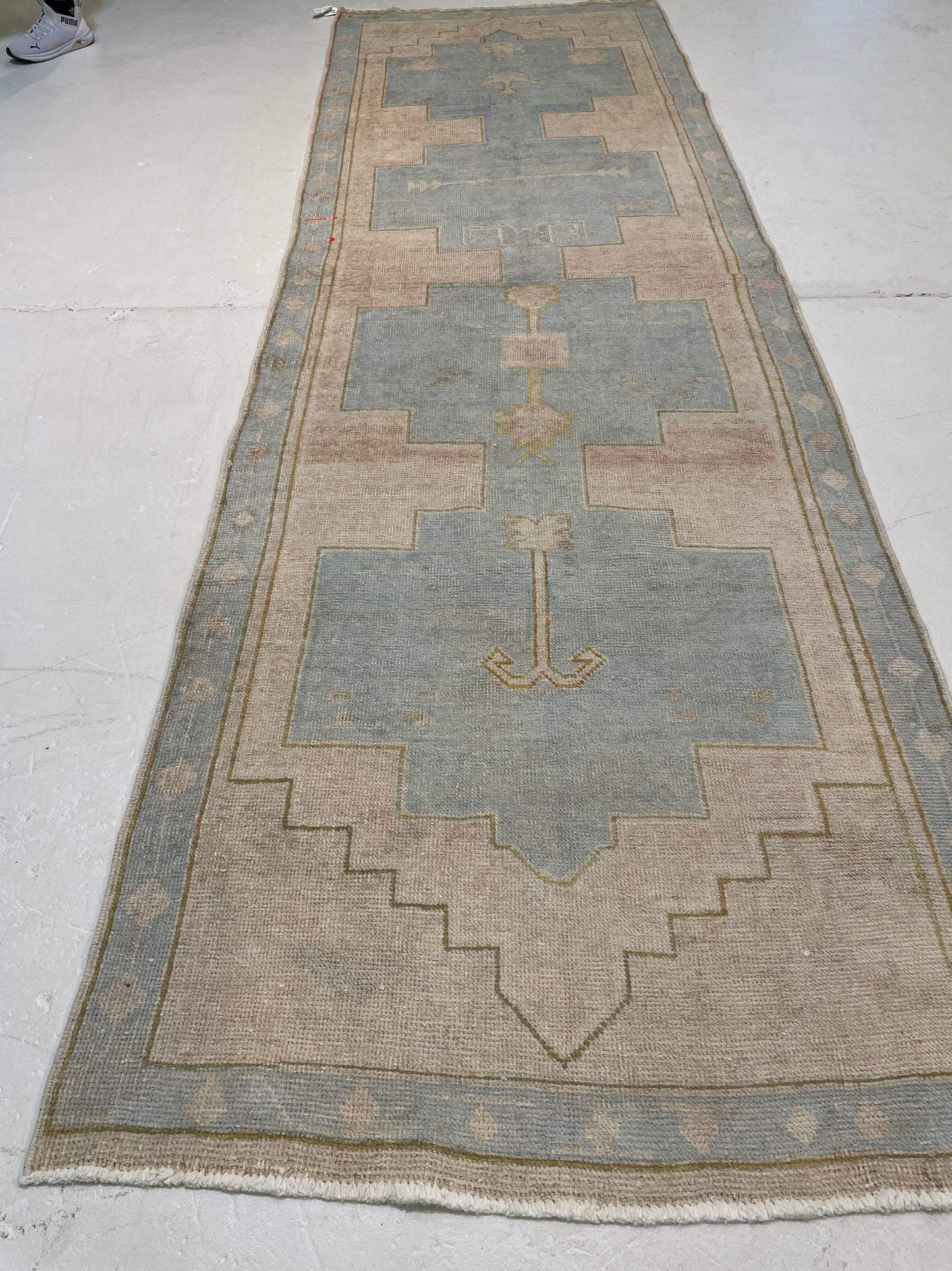 Hand-Knotted Wool Runner Turkish Oushak 3'5" x 11'1"