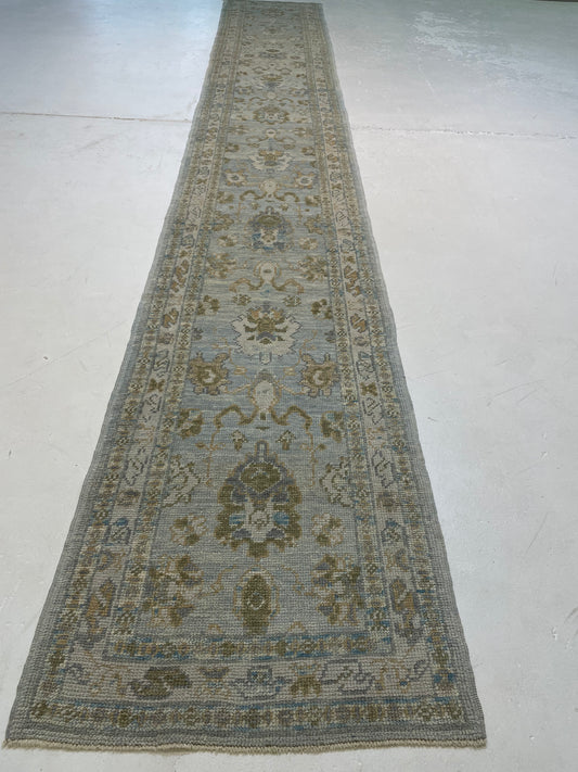 Hand-Knotted Wool Runner Turkish Oushak 2'7" x 17'2"
