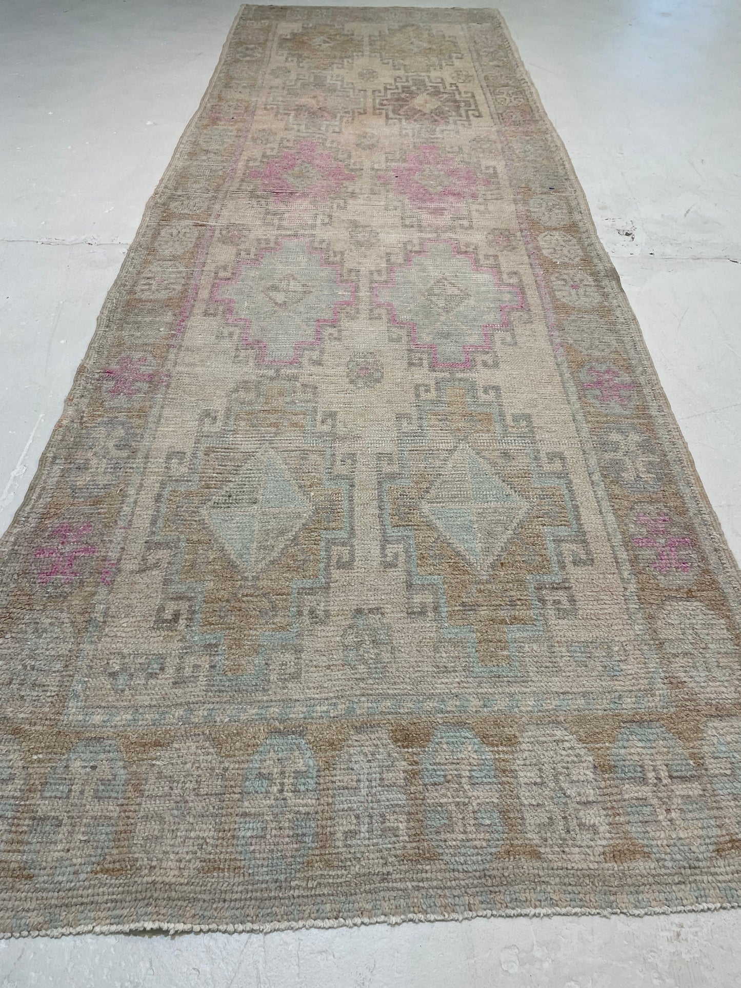 Hand-Knotted Wool Runner Turkish Oushak 3'5" x 10'4"