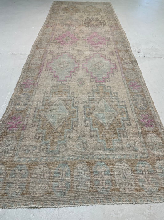 Hand-Knotted Wool Runner Turkish Oushak 3'5" x 10'4"