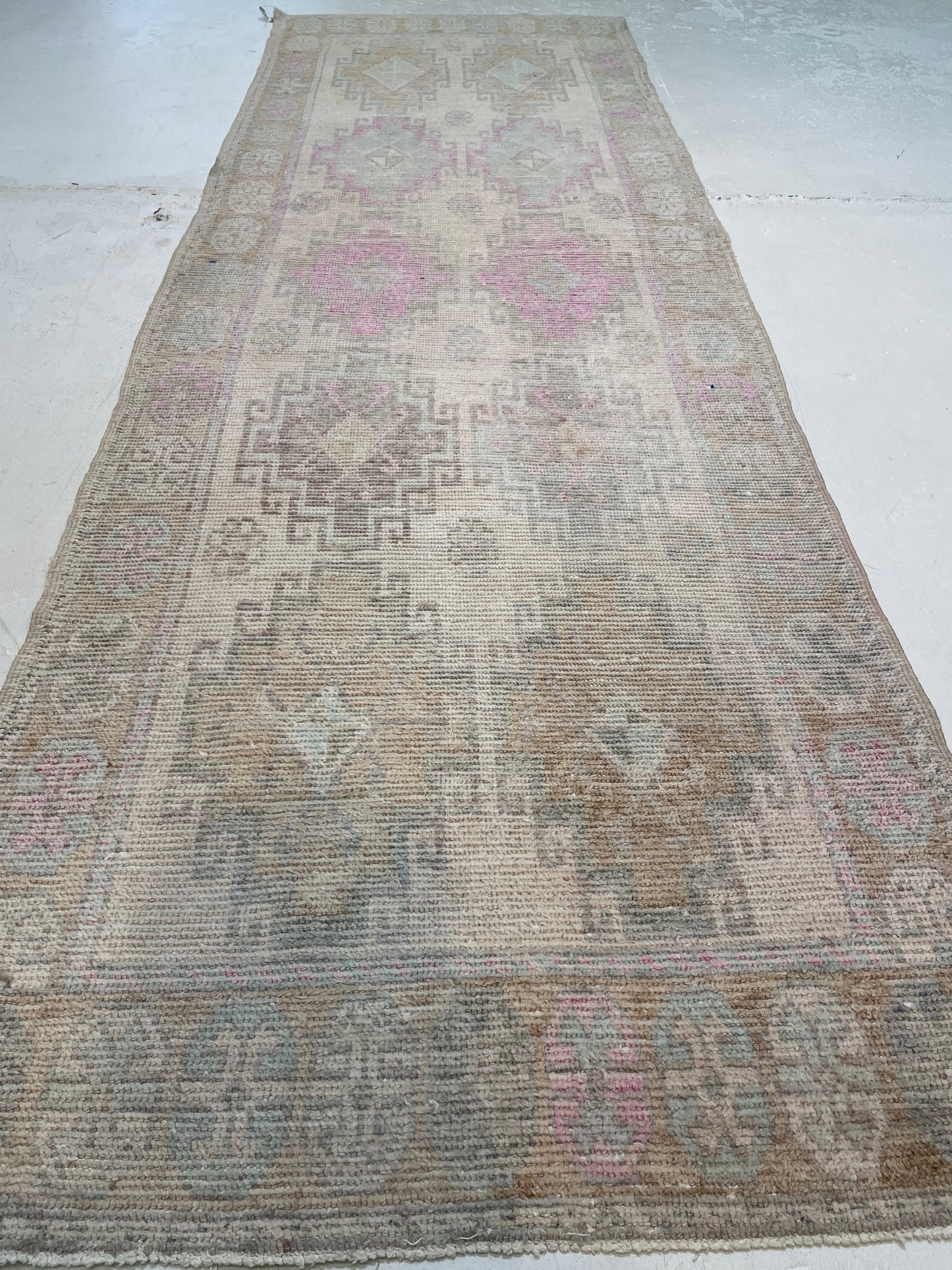 Hand-Knotted Wool Runner Turkish Oushak 3'5" x 10'4"