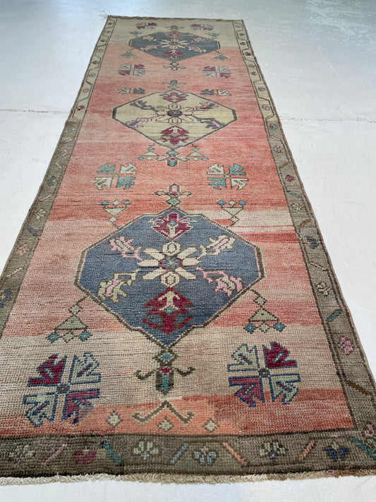 Hand-Knotted Wool Runner Turkish Oushak 3'3" x 10'1"
