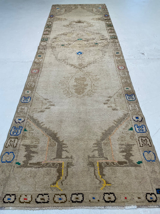 Hand-Knotted Wool Runner Turkish Oushak 3'1" x 10'1"