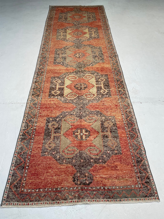 Hand-Knotted Wool Runner Turkish Oushak 3'8" x 12'