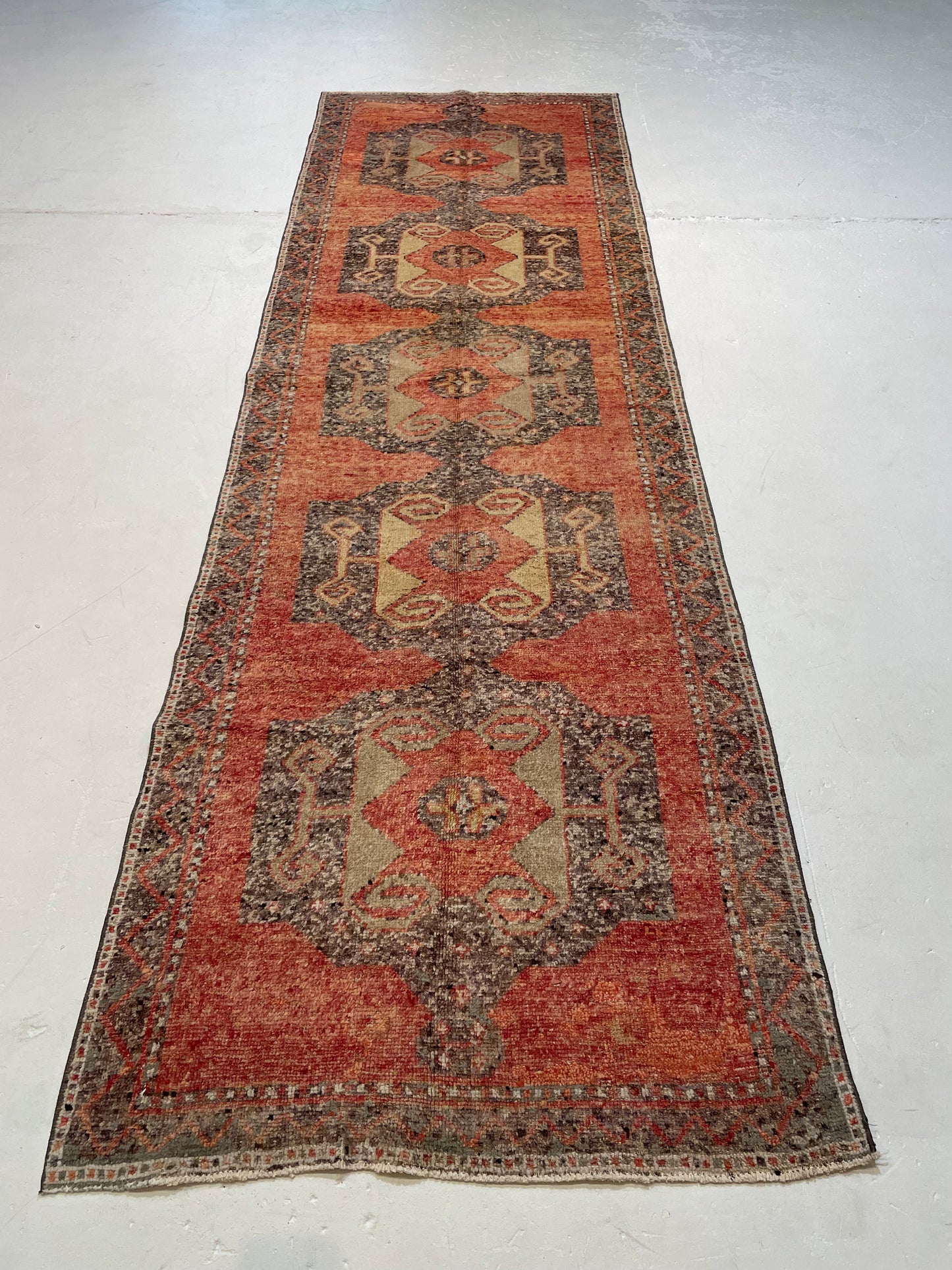 Hand-Knotted Wool Runner Turkish Oushak 3'8" x 12'