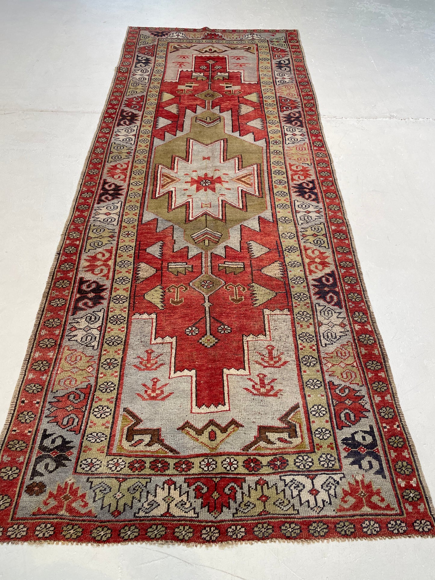 Hand-Knotted Wool Runner Turkish Oushak 4'1" x 10'9"