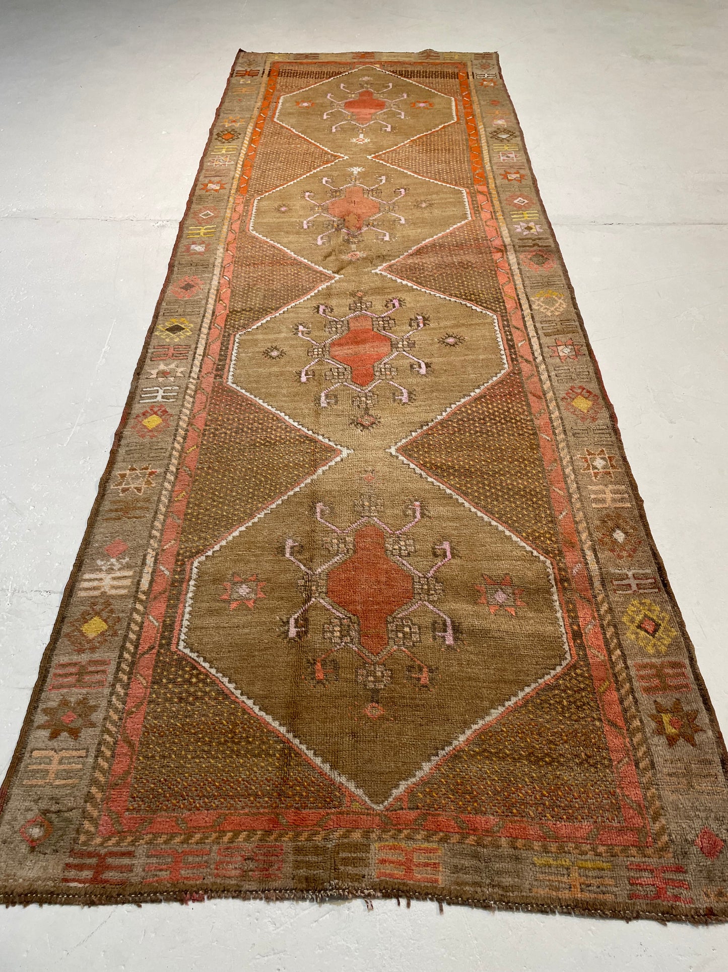 Hand-Knotted Wool Runner Turkish Oushak 4'2" x 11'9"