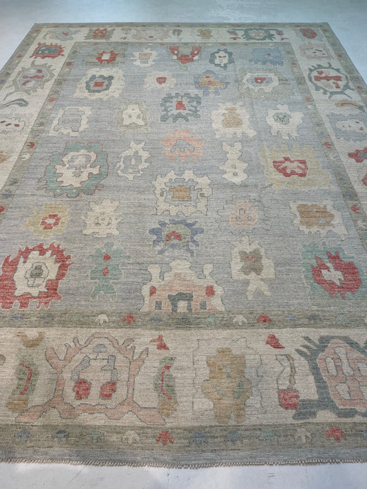 Hand-Knotted Wool Rug Turkish Oushak 8'11" x 11'8"