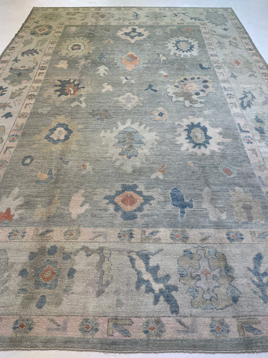 Hand-Knotted Wool Rug Turkish Oushak 9'5" x 14'