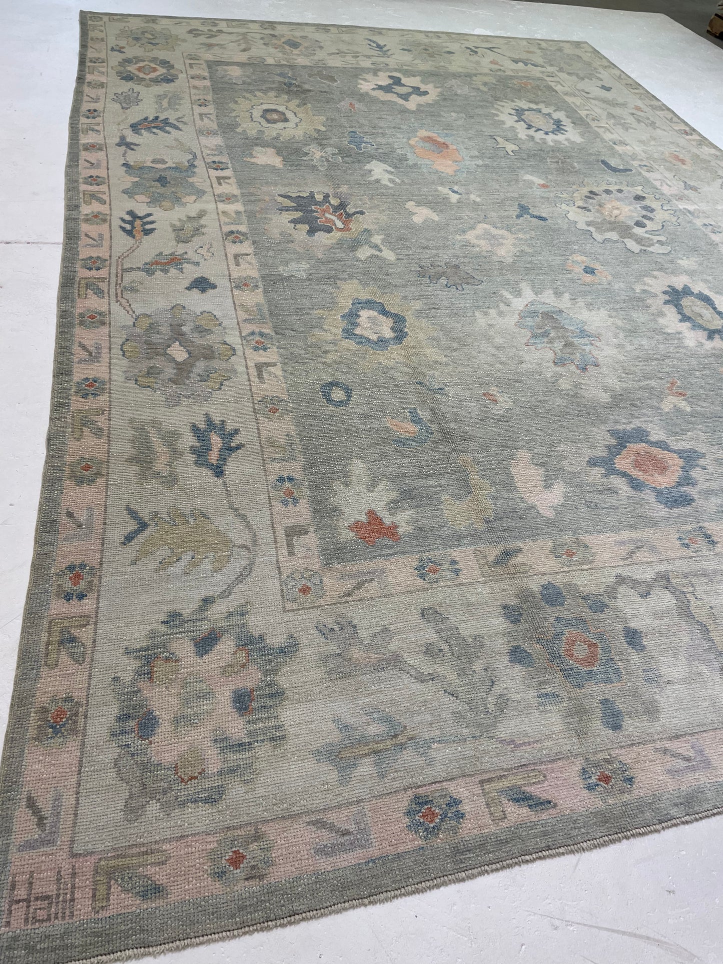 Hand-Knotted Wool Rug Turkish Oushak 9'5" x 14'