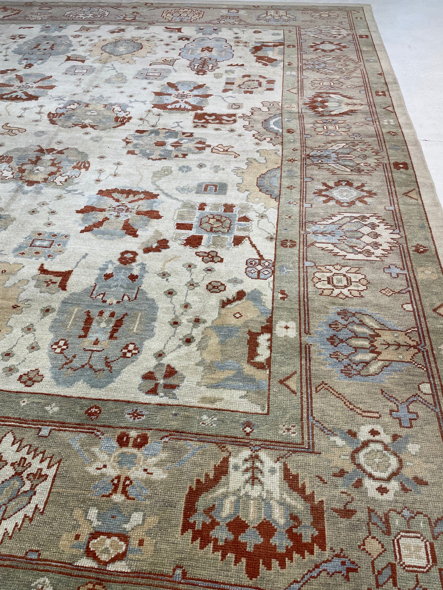 Hand-Knotted Wool Rug Turkish Oushak 12'4" x 14'2"