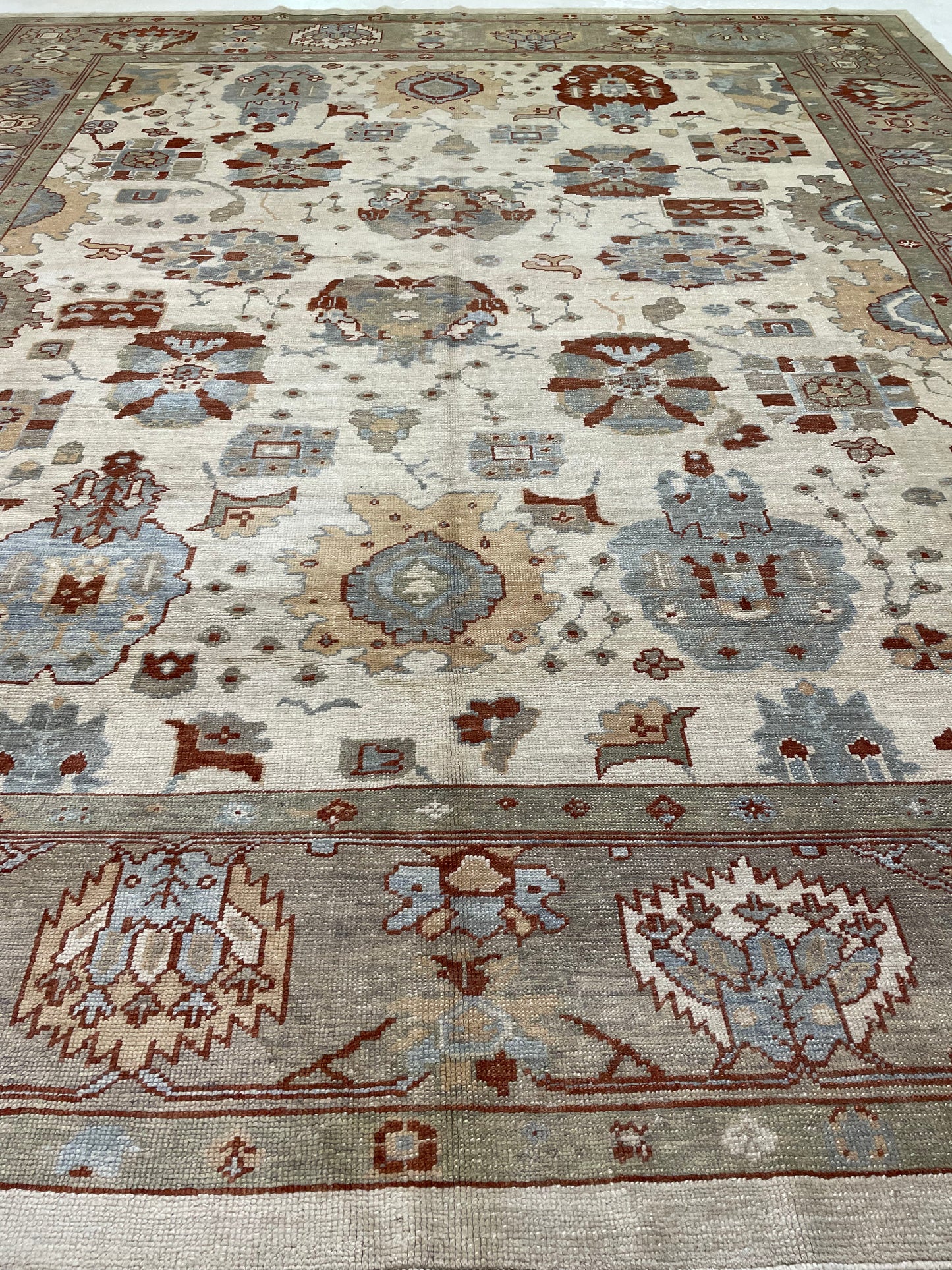Hand-Knotted Wool Rug Turkish Oushak 12'4" x 14'2"