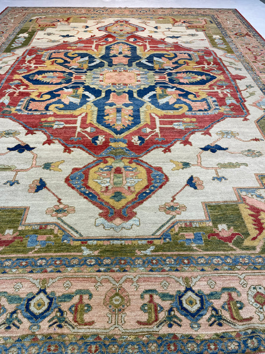 Hand-Knotted Wool Rug Serapi Design Turkish Oushak 12'1" x 15'4"