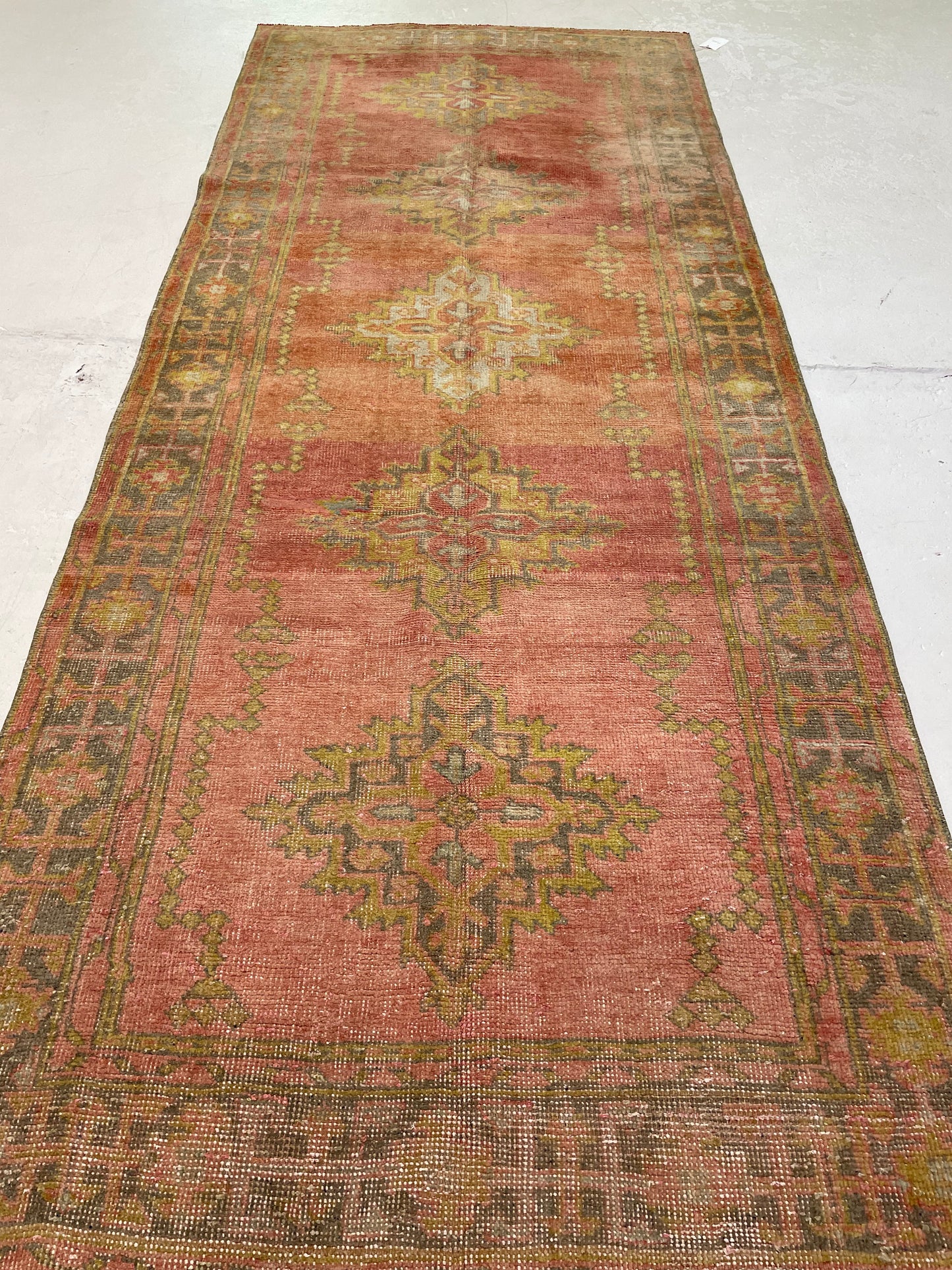 Hand-Knotted Wool Runner Turkish Oushak 4'2" x 10'3"